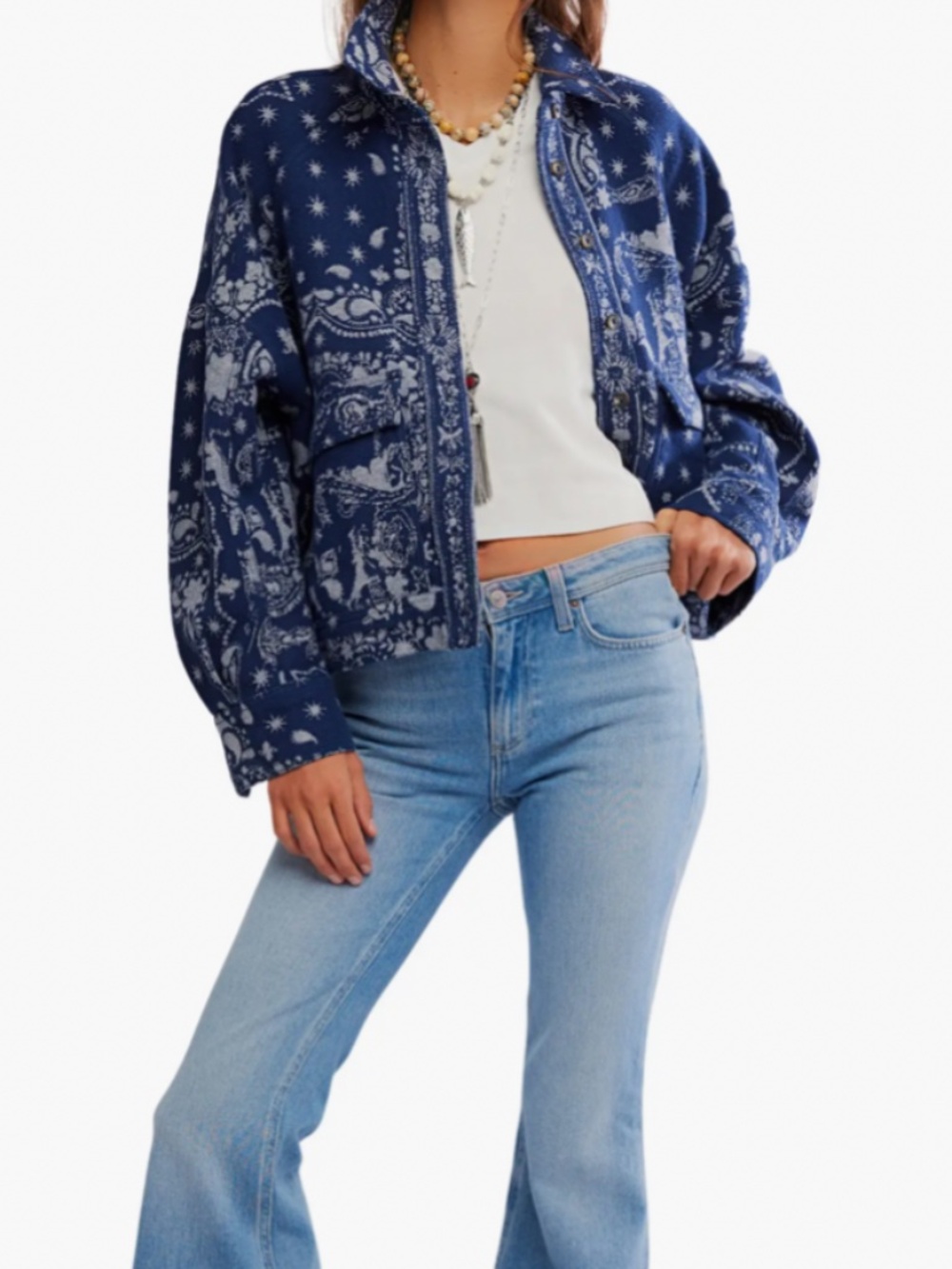 We The Free Bandana Jacquard Shirt Jacket in Indigo Blue Sz M NWT $198R - Picture 5 of 11